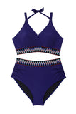 Navy Blue Embroidered Trim Wrap Tie Knot Plus Size High Waisted Bikini