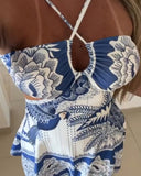 Floral Print Halter Sleeveless A Line Dress Casual Waist Hollow Out Mini Dress