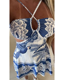 Floral Print Halter Sleeveless A Line Dress Casual Waist Hollow Out Mini Dress