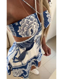Floral Print Halter Sleeveless A Line Dress Casual Waist Hollow Out Mini Dress
