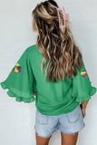 Green Sequin Doughnut Graphic Ruffled Trim Bell Sleeve Mardi Gras Blouse