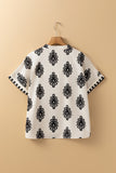 Black Geometric Print Short Sleeve V Neck Blouse