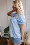 Sky Blue Floral Embroidered Puff Sleeve Notched V Neck Blouse