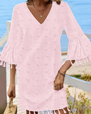 Large Swiss Dot  V Neck Bell Sleeve Mini Dress Casual Loose Fit Dress