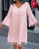 Large Swiss Dot  V Neck Bell Sleeve Mini Dress Casual Loose Fit Dress