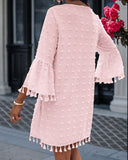 Large Swiss Dot  V Neck Bell Sleeve Mini Dress Casual Loose Fit Dress