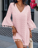 Large Swiss Dot  V Neck Bell Sleeve Mini Dress Casual Loose Fit Dress