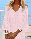 Large Swiss Dot  V Neck Bell Sleeve Mini Dress Casual Loose Fit Dress