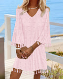 Polka Dot V Neck Bell Sleeve Mini Dress Casual Loose Fit Dress