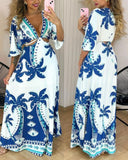 Tropical Print Plunge V Neck Waist Cutout Boho Maxi Dress Three Quarters Tied Detail Elastic Waist Back Vacation Dress