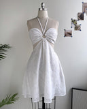 Floral Print Halter Tied Detail Elastic Shirred Back Mini Dress Casual A Line Dress