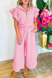 Pink Textured Ruffled Sleeve Zipped Top and Wide Leg Pants Set