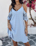 V Neck Cold Shoulder Sleeveless Lace Hem Straight Dress Vacation Dress