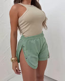 Side Metal Button Slit Active Shorts Casual Strechy Waist Sports Shorts