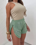 Side Metal Button Slit Active Shorts Casual Strechy Waist Sports Shorts