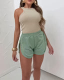 Side Metal Button Slit Active Shorts Casual Strechy Waist Sports Shorts
