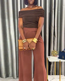 2 Pieces Outfit Off the Shoulder Skinny Top and Casual Wide Leg Business Pants Set