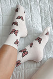 White Butterfly Pattern Ribbed Edge Soft Crew Socks