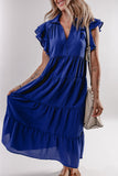 Bluing Ruffled Short Sleeve Collared V Neck Tiered Midi Dress