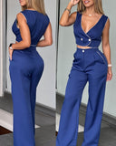 Contrast Binding V Neck Front Button Crop Tank High Waist Wide Leg Pants Casual Pants Set with Pocket