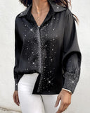 Rhinestone Turn down Collar Long Sleeve Blouse Elegant Shirt