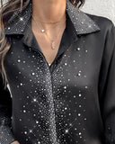 Rhinestone Turn down Collar Long Sleeve Blouse Elegant Shirt