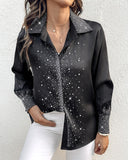 Rhinestone Turn down Collar Long Sleeve Blouse Elegant Shirt