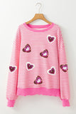 Pink Stripe Sequin Heart Patched Pattern Long Sleeve Valentines Top