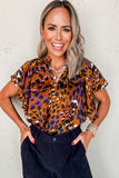 Orange Leopard Printed Draped Short Sleeve Slit V Neck Blouse