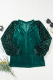 Evergreen Sequin Patchwork Sleeve Button Up Velvet Top