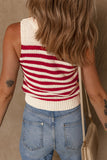 Red Stripe Textured Knit Ribbed Hem Sweater Tank Top