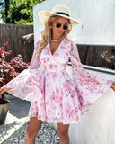 Floral Print Bell Sleeve Plunge Dress