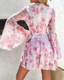 Floral Print Bell Sleeve Plunge Dress