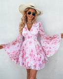 Floral Print Bell Sleeve Plunge Dress