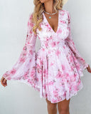 Floral Print Bell Sleeve Plunge Dress