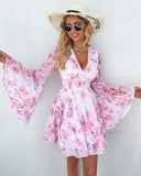 Floral Print Bell Sleeve Plunge Dress