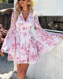 Floral Print Bell Sleeve Plunge Dress