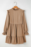 Light French Beige Frilled Collar Ruffled Shoulder Tiered Dress