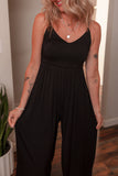 Black Spaghetti Straps Open Back Pleated Wide Leg Jumpsuit