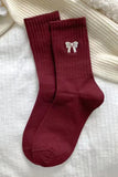 Fiery Red Embroidered Bowknot Ribbed Crew Socks