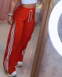Striped Side Zipper Design Drawstring Wide Leg Casual Pants