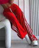 Striped Side Zipper Design Drawstring Wide Leg Casual Pants