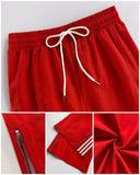 Striped Side Zipper Design Drawstring Wide Leg Casual Pants