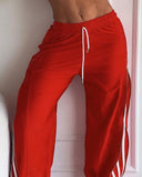 Striped Side Zipper Design Drawstring Wide Leg Casual Pants