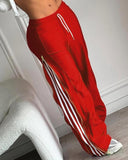 Striped Side Zipper Design Drawstring Wide Leg Casual Pants