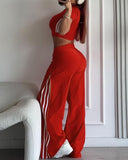 Striped Side Zipper Design Drawstring Wide Leg Casual Pants