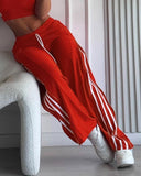 Striped Side Zipper Design Drawstring Wide Leg Casual Pants