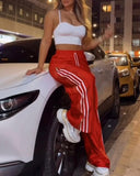 Striped Side Zipper Design Drawstring Wide Leg Casual Pants