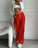 Striped Side Zipper Design Drawstring Wide Leg Casual Pants