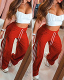 Striped Side Zipper Design Drawstring Wide Leg Casual Pants
